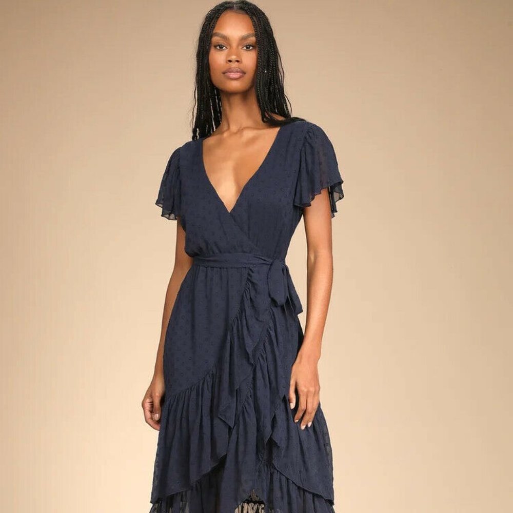 Have Harmony Navy Blue Swiss Dot Ruffled Faux Wrap Midi Dress